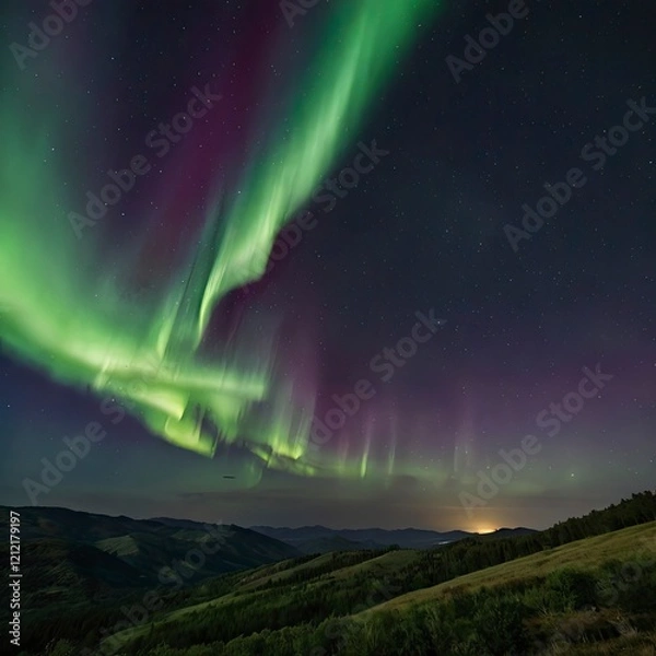 Fototapeta The Aurora in the sky above the hills at night.
