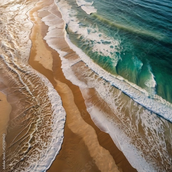 Fototapeta Abstract Aerial View of Sandy Beach and Small Waves from Above