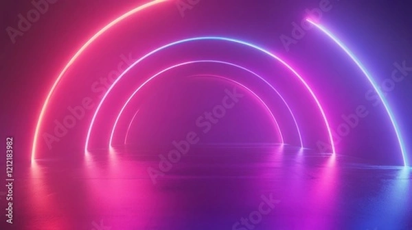 Fototapeta Dynamic Neon Arches, Futuristic Space, Digital Art, Vibrant Colors, Low Perspective, Abstract Illumination