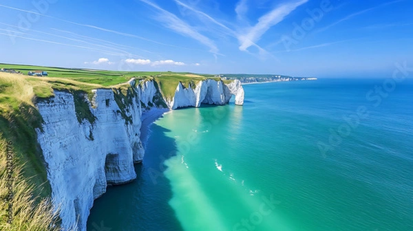 Fototapeta Scenic coastal cliffs, turquoise sea, sunny day.
