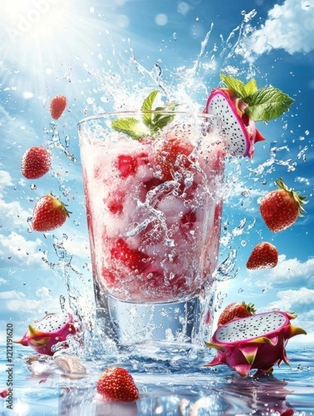 Fototapeta Refreshing Summer Beverage Splash, Beachside Lounge, Photography, Bright Sunshine, Eye-Level Perspective, Cool Refreshment Concept