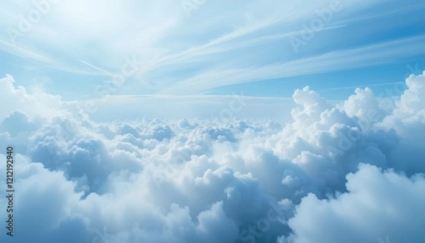 Fototapeta Soft, pillowy clouds fill the vast expanse of sky, illuminated by the gentle sunlight. An atmosphere of tranquility prevails, inviting the soul to wander in this boundless blue realm