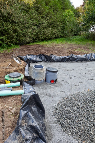Fototapeta Installing the sand and gravel filter bed, filters  and pump for a septic tank sanitation system for a residential house