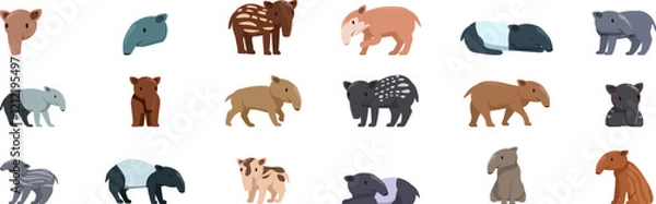Fototapeta Tapir icons set. Adorable tapirs showcasing various colors and engaging in different activities, creating a charming and diverse collection