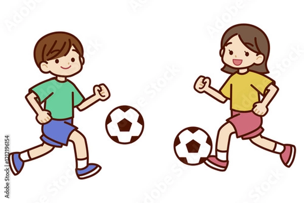 Obraz サッカーを楽しむ男の子と女の子