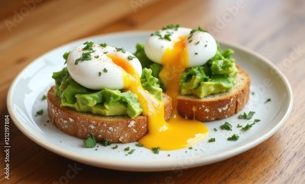Fototapeta Delicious avocado toast with poached eggs