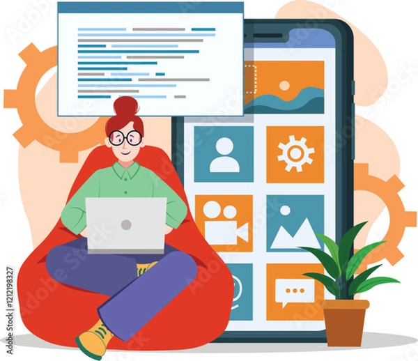 Obraz App Development Illustration for UI/UX Designers and Developers An engaging design showcasing a collaborative workspace with UI/UX designers and developers working together.
