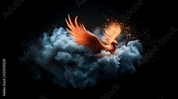Fototapeta Fiery phoenix rising from smoke clouds, dark background, fantasy art, ideal for game design