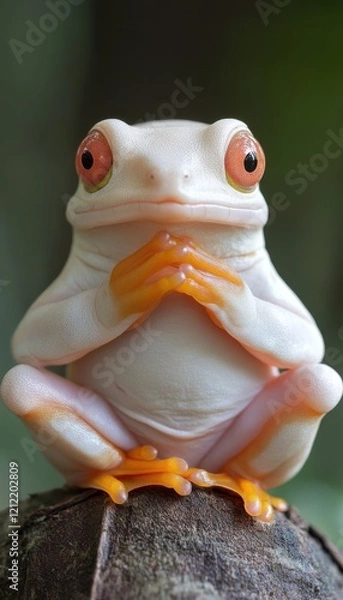 Fototapeta Albino tree frog in a serene pose, showcasing its unique coloration and captivating eyes.