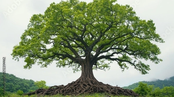 Fototapeta Majestic Ancient Tree with Exposed Roots in Lush Landscape