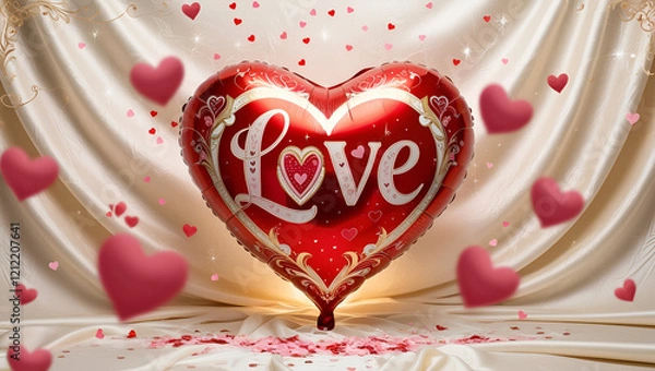 Fototapeta luxury red heart balloon on the background, Happy valentine's day concept with red gift box and heart shaped balloons romantic banner love ,red heart balloon with word love written on it