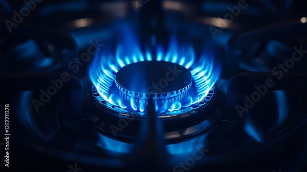 Fototapeta 青い炎を放つガスコンロのバーナー