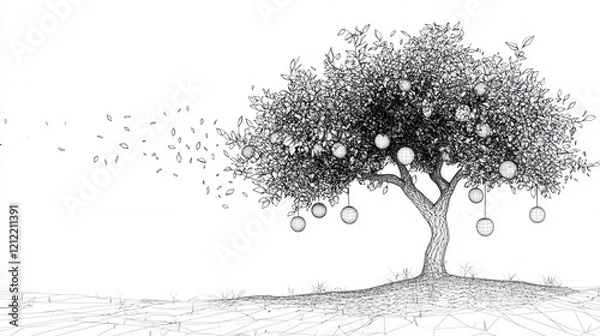 Fototapeta Continuous line tree sketch with fruit, low poly design, artistic representation, minimalist aesthetic, nature-inspired illustration