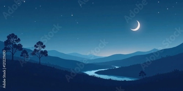 Fototapeta Serene Nightscape A crescent moon graces the tranquil blue landscape, where a winding river meanders through gentle hills under a starlit sky.