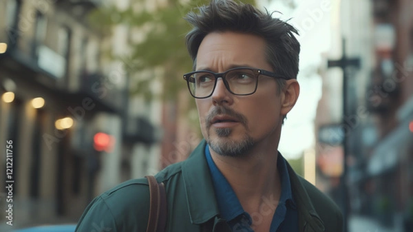 Fototapeta Cinematic shot of an attractive middle-aged man with glasses and a goatee, wearing casual and standing outside on a street in New York City. stylishly styled dark brown hair. Ai generated