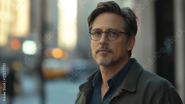 Fototapeta Cinematic shot of an attractive middle-aged man with glasses and a goatee, wearing casual and standing outside on a street in New York City. stylishly styled dark brown hair. Ai generated