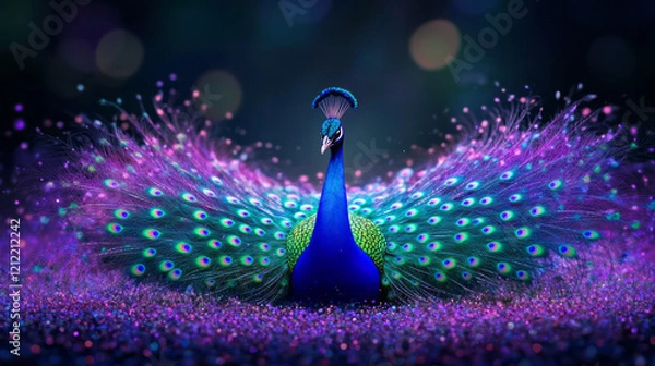 Fototapeta A captivating image of a peacock with bright green and purple paint splashes highlighting its feathers, set against an abstract, vibrant background,