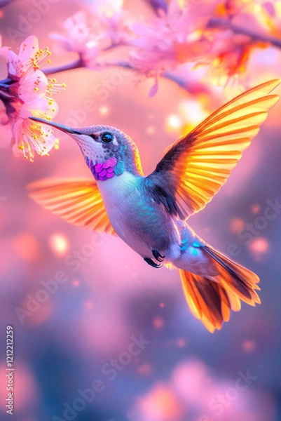 Fototapeta A dreamy photograph of a hummingbird with bright yellow and blue paint splatters on its wings, hovering in an abstract, colorful garden,