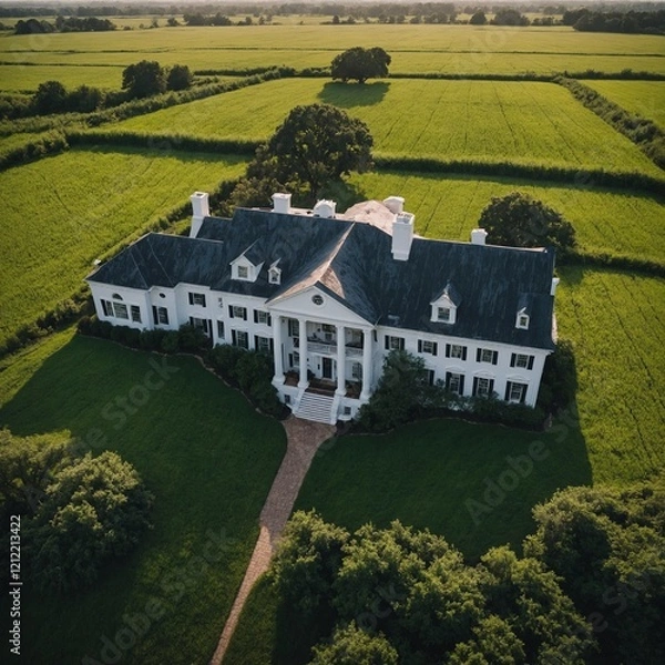 Fototapeta A drone view of a white house surrounded by endless green fields.