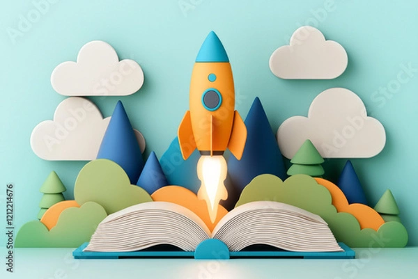Fototapeta A whimsical abstract illustration of a colorful toy rocket soaring upward, emerging from an open book, set against a soft, bokeh-lit background with pastel hues,