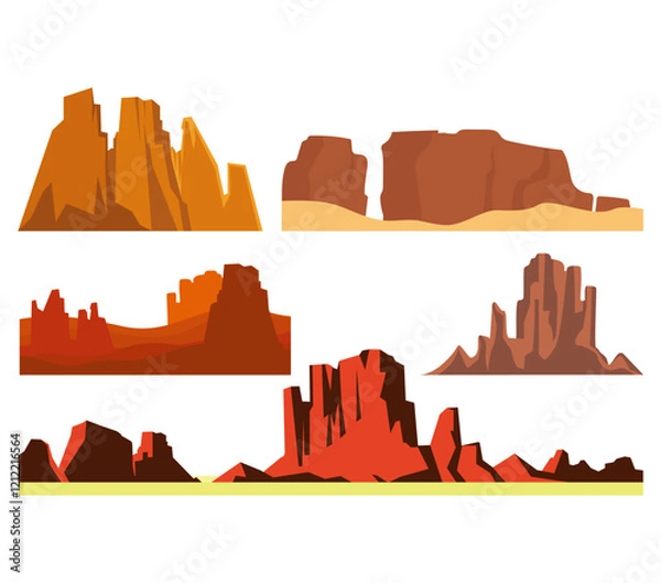 Fototapeta Desert rock cartoon vector set. Stone canyon landscape illustration. Nature environment design element