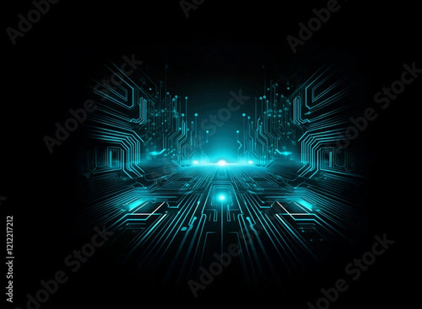 Fototapeta Abstract digital art depicting a glowing cyan circuit board pathway receding into a dark background.  The design evokes feelings of technology, innovation, and futuristic landscapes.