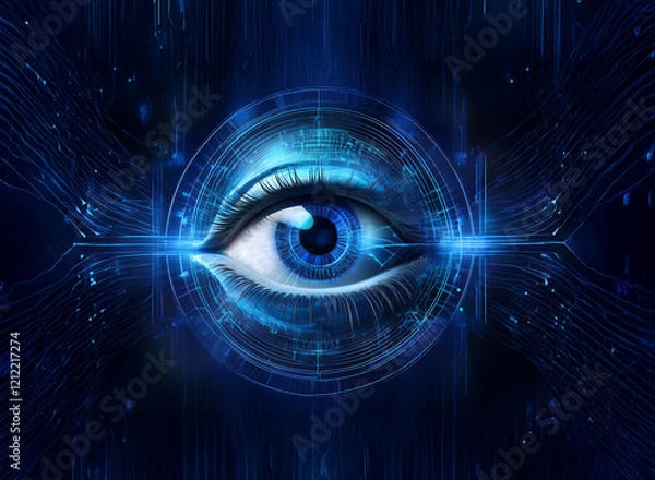 Fototapeta A mesmerizing blue eye, digitally enhanced, is encircled by a futuristic, glowing interface.  Lines of code and technological elements radiate outward, creating a sense of digital surveillance or adva