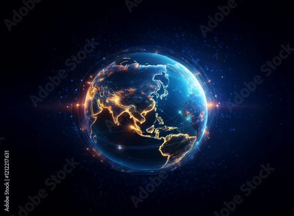 Fototapeta A glowing digital rendering of Earth, showcasing city lights and continents outlined in vibrant blue and orange energy.  The image evokes a sense of global connection and technological advancement.