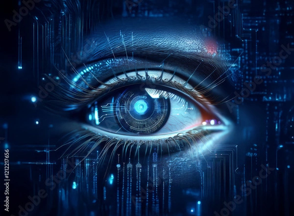 Fototapeta A mesmerizing close-up of a futuristic eye, seamlessly blending organic and technological elements.  Intricate circuitry patterns surround the cybernetically enhanced iris, creating a surreal and capt