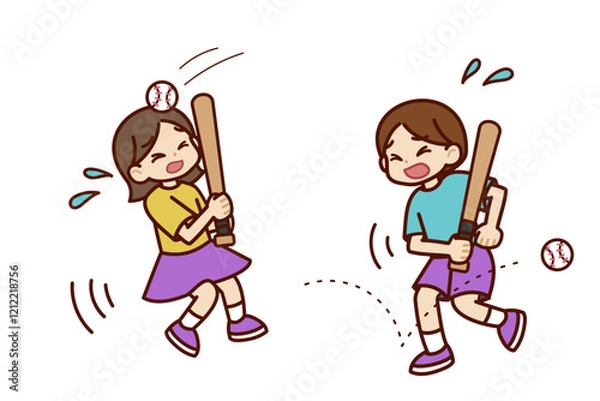 Obraz 野球を楽しむ男の子と女の子