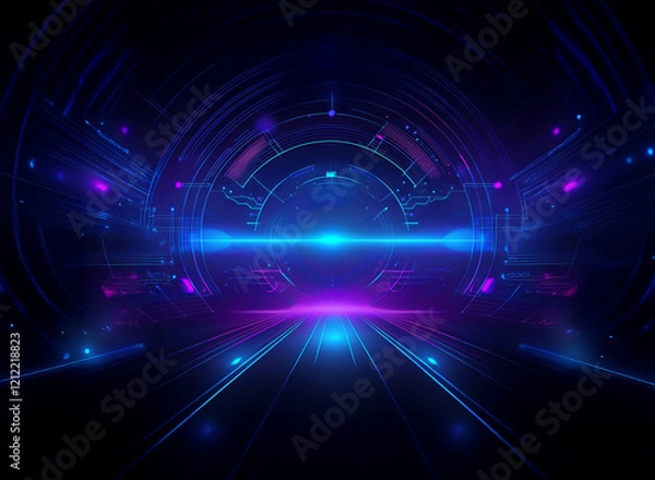 Fototapeta A futuristic, glowing tunnel of vibrant blue and purple light pulses with energy.  A central portal emits a bright beam, suggesting a journey into the unknown.