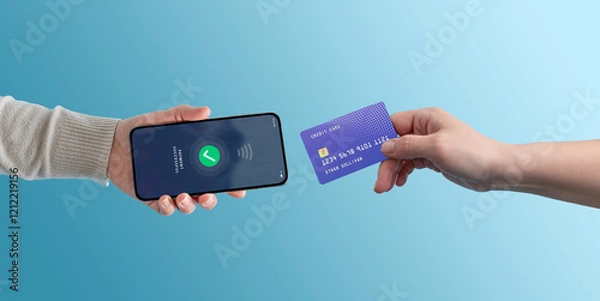 Fototapeta Credit card finalizing a seamless payment on a smartphone POS terminal, bridging the buyer and seller with modern technology and effortless transactions