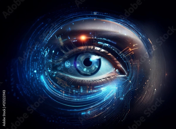 Fototapeta A mesmerizing digital eye, swirling with vibrant blue and orange light trails, embodies technological advancement and futuristic vision.  The intricate circuitry and data streams suggest a connection 