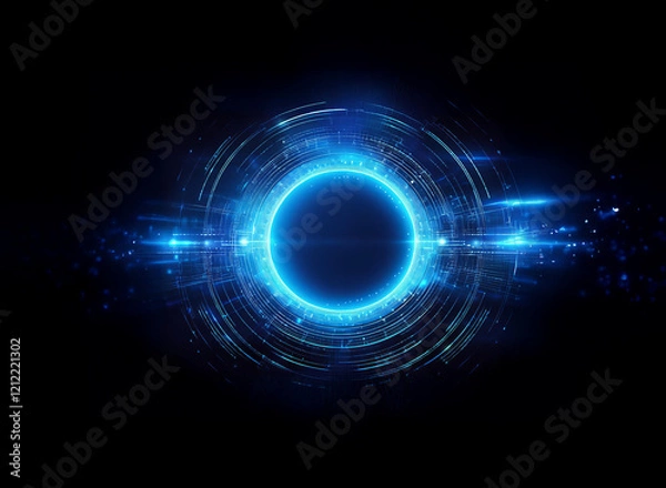 Fototapeta A vibrant, glowing blue circle is encircled by concentric rings of light against a black background, suggesting technological advancement or futuristic energy.  The image evokes a sense of mystery and