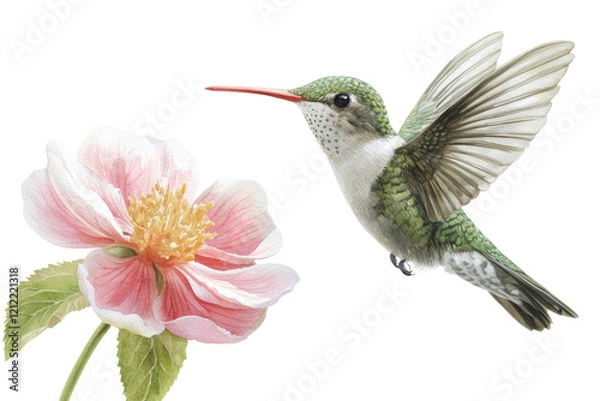 Fototapeta isolated transparent background vibrant hummingbird hovering near delicate pink flower, showcasing nature beauty and grace