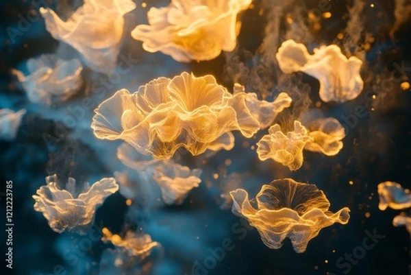 Fototapeta Golden luminous floral forms float in dark space