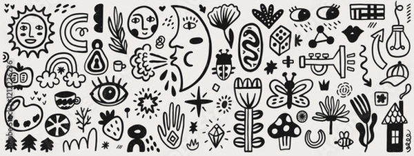 Obraz Cute doodle cartoon characters and abstract elements. Hand-drawn vector set. Contemporary modern trendy vector collection. Illustration elements for decor, pattern, poster, card or sticker design.