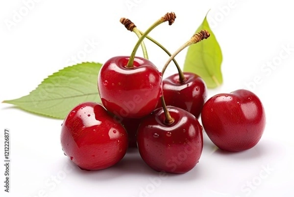 Fototapeta Isolated sour cherry with leaf on white background full depth of field