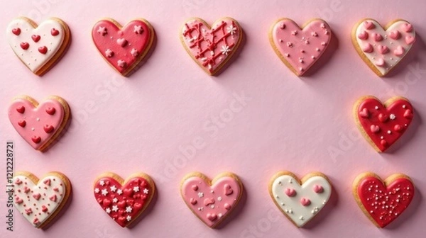 Fototapeta A delightful arrangement of heart-shaped cookies, adorned with pink and red icing and sprinkles, creates a charming frame on a soft pink background.