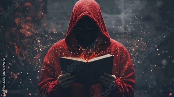 Fototapeta Mysterious figure in red robe reads glowing book, sparks fly.  Magic, mystery, and secrets unfold.