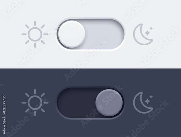 Fototapeta Dark mode and light mode toggle switch buttons.  Material design slider switch buttons set. Day and night mode switch button. Vector illustration.