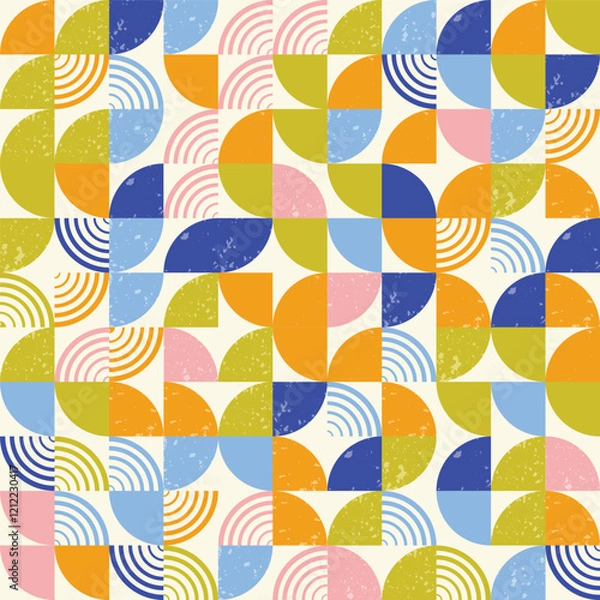 Fototapeta Bauhaus Modern Geometric with Halftone and Grunge Textures, Semicircles seamless pattern, geometric print . Modern trendy geometric pattern.