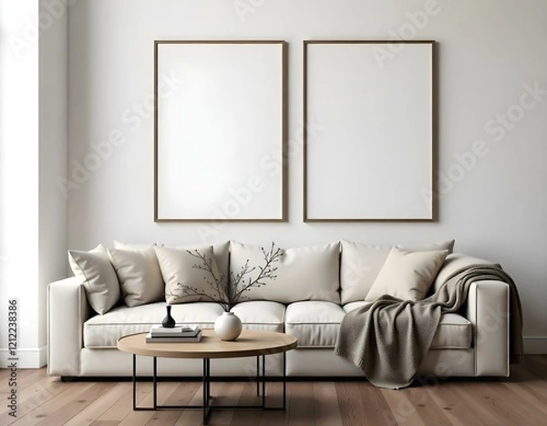 Fototapeta A modern living room featuring a light-colored sofa with multiple cushions, a round coffee table in the center, and two empty picture frames mounted on the wall.