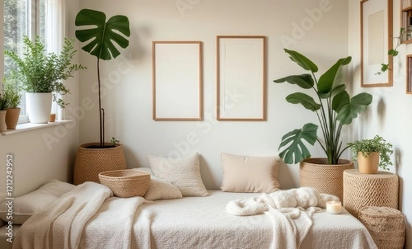 Fototapeta Cozy minimalist bedroom with greenery