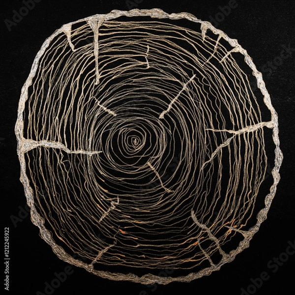 Fototapeta Wood structure, drawing with golden pen on black background. The dabbing technique near the edges gives a soft focus effect due to the altered surface roughness of the paper.