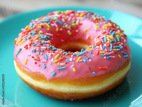 Fototapeta Vibrant pink donut with colorful sprinkles on a playful turquoise plate showcasing a delightful dessert experience