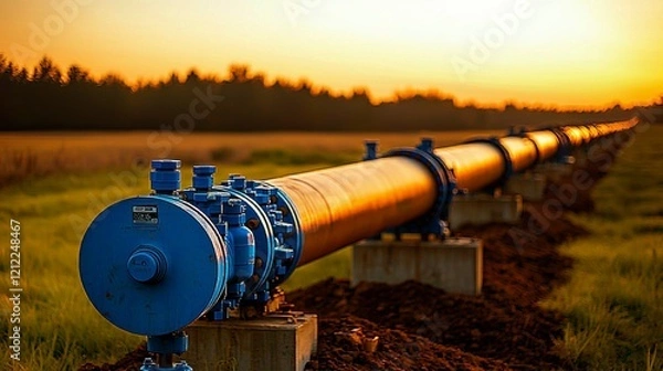 Fototapeta An oil pipeline with blue gas valves on the ground, surrounded by soil and grass, as the first rays of sunrise illuminate the scene, casting long shadows over the infrastructure.