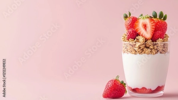 Fototapeta Delicious yogurt parfait with strawberries and granola on a pink background. Healthy breakfast bowl recipe.