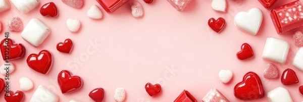 Obraz festive banner of hearts and boxes on a pink background. Valentine's Day. Copy space