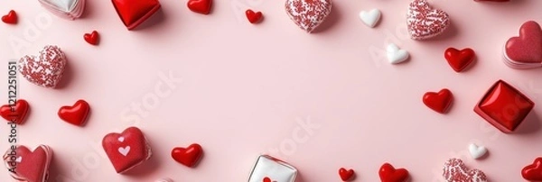 Fototapeta festive banner of hearts and boxes on a pink background. Valentine's Day. Copy space